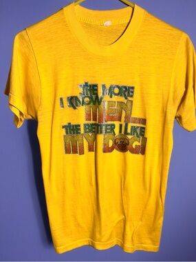 vintage 80s/90s yellow graphic tee funny dog shirt